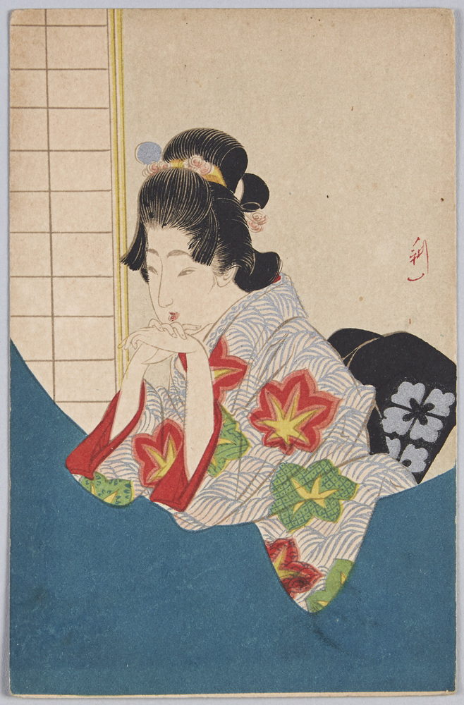 作品画像：[丸窓にもたれる和装女性]