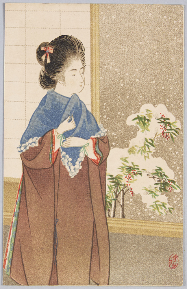 作品画像：[雪景色を見る和装女性]