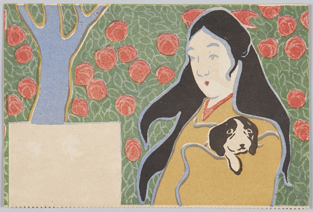 作品画像:犬を抱く少女とバラの木