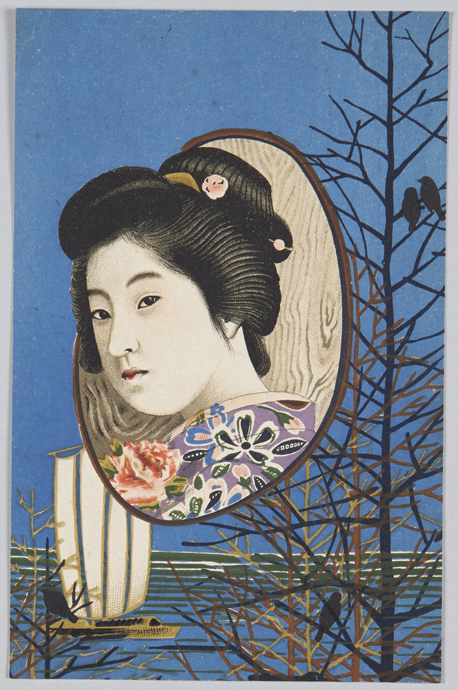 作品画像:女性と帆船の見える岸辺