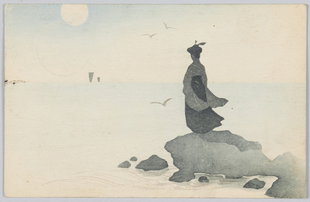 作品画像:海辺の岩に立つ女学生
