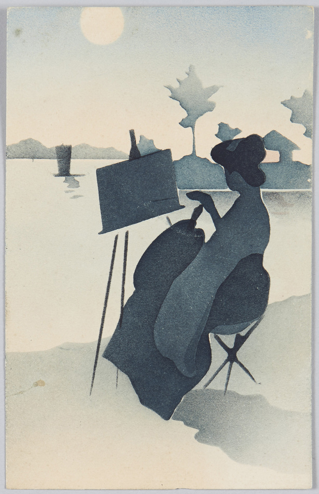 作品画像:月夜の湖畔で絵を描く女性