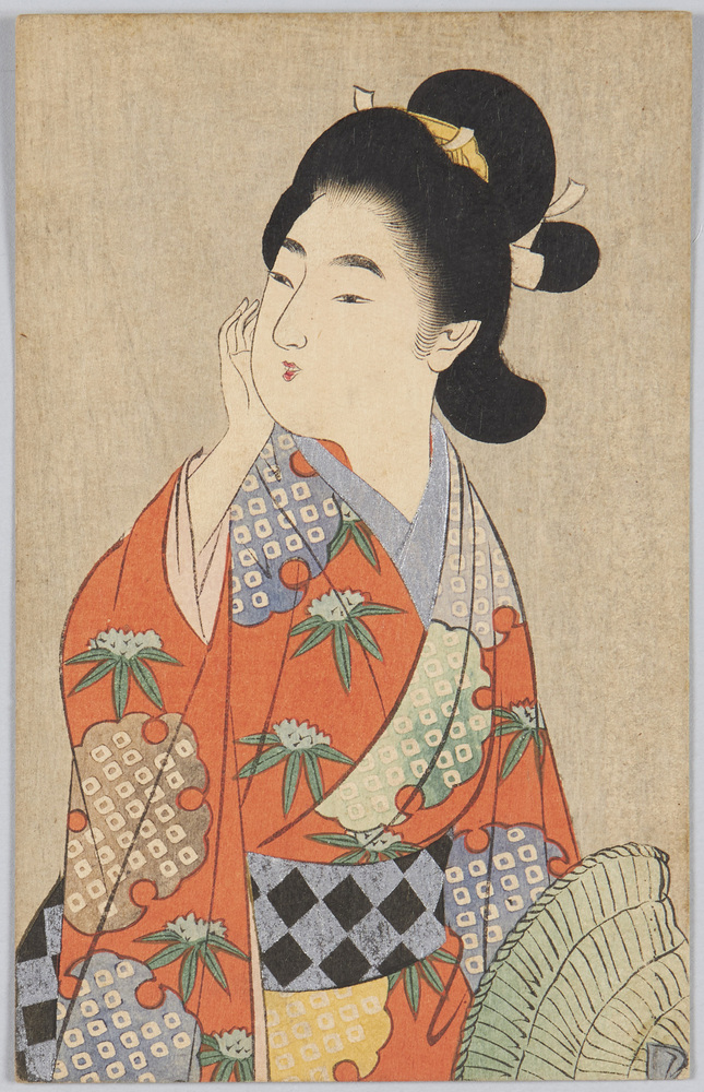 作品画像:編み笠を持つ女性