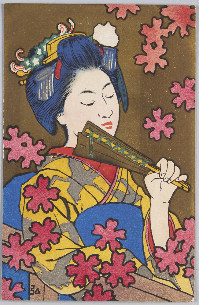 作品画像:扇を持つ和装女性と桜