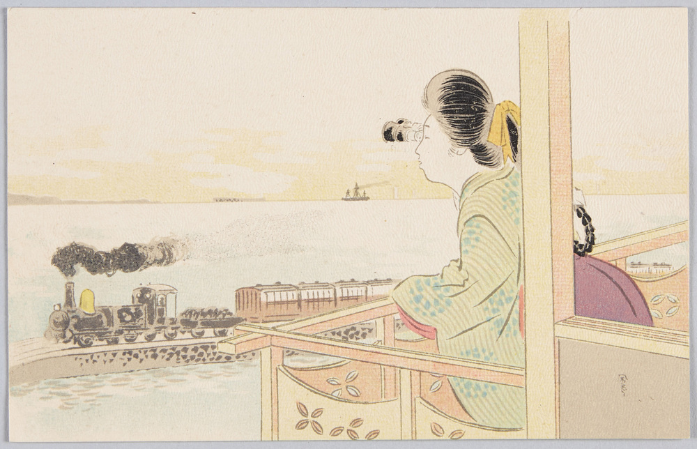 作品画像:双眼鏡をのぞく女性 (すかし絵)