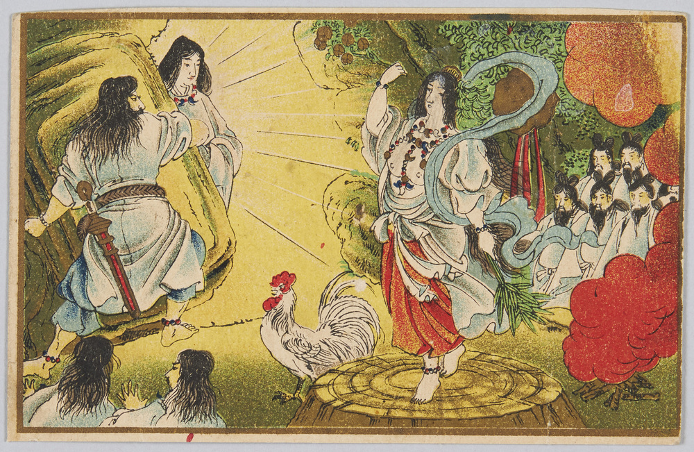 作品画像:天照皇大神皇弟素戔鳴尊の無道を憤り天の岩戸に篭り給う。手力雄命岩戸を開き大神を出し奉る。