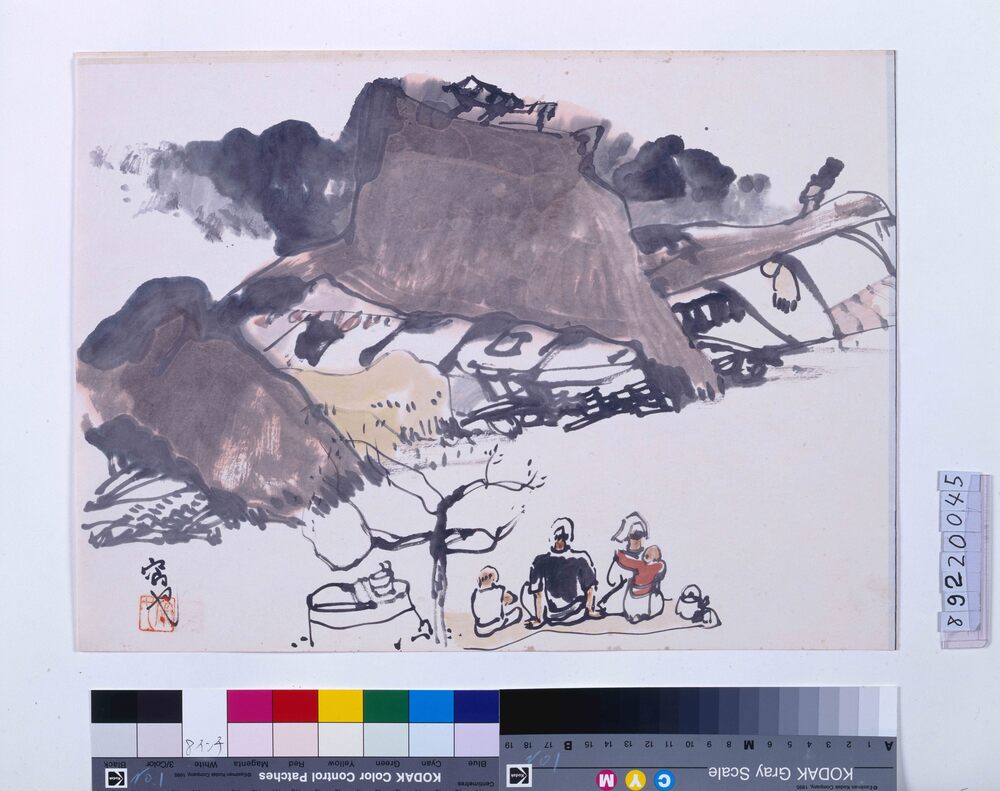 作品画像：関東大地震画:[崩れた家を見る家族]