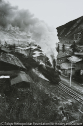 作品画像:藪原の家並と中央線の列車・長野県木祖村