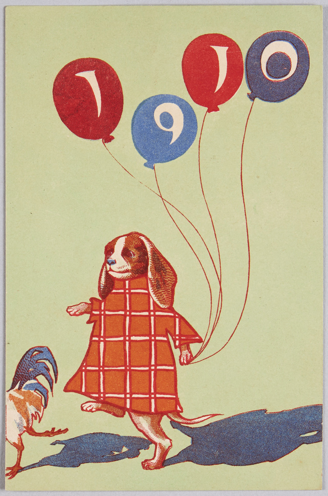 作品画像：動物絵葉書　鶏年の後年は犬年(1910)