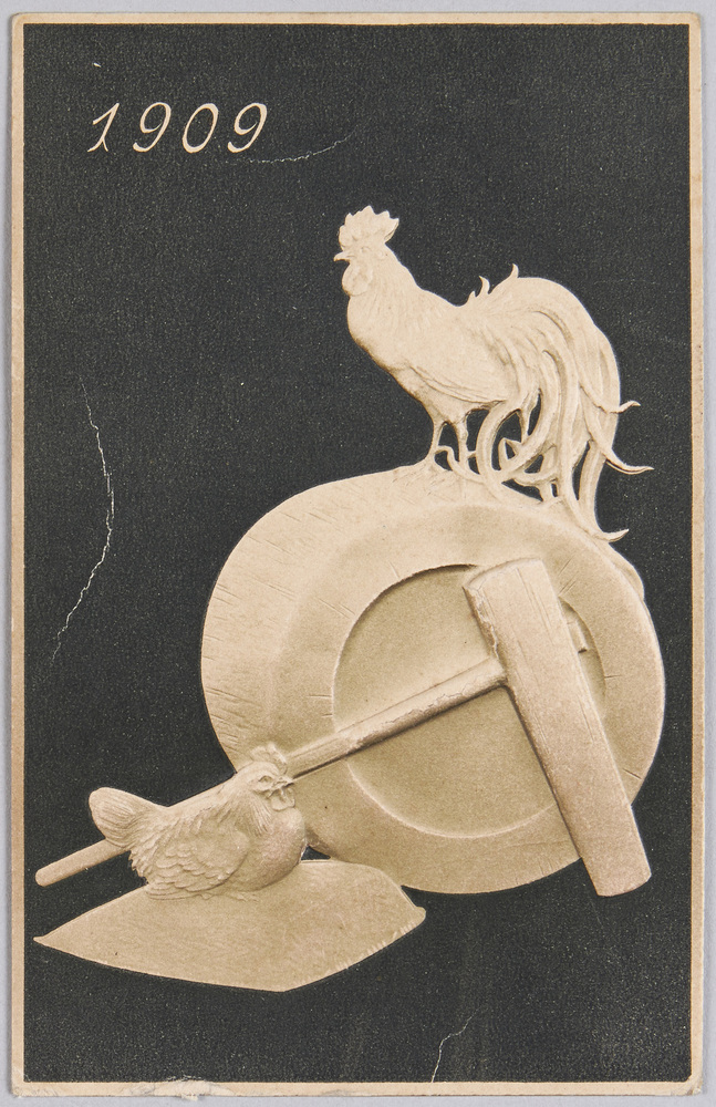 作品画像：動物絵葉書　臼、杵、箕、雄鶏と雌鶏(1909)
