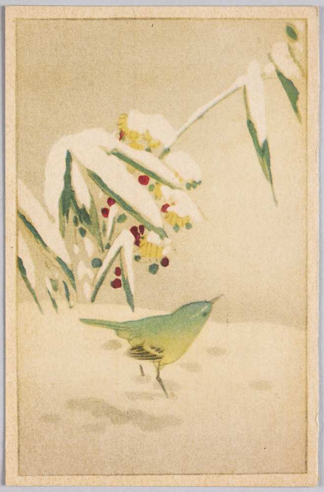 作品画像：動物絵葉書　雪の庭の小鳥　全国便箋附録