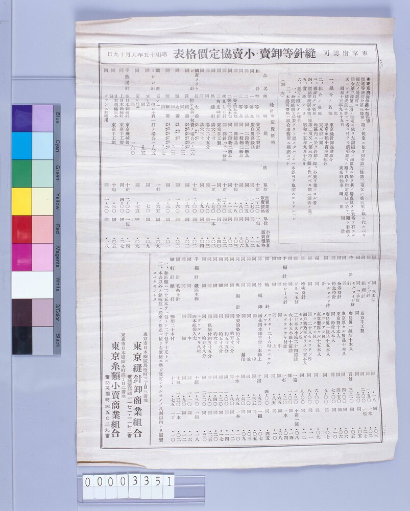 作品画像:東京府認可 縫針等卸売・小売協定価格表