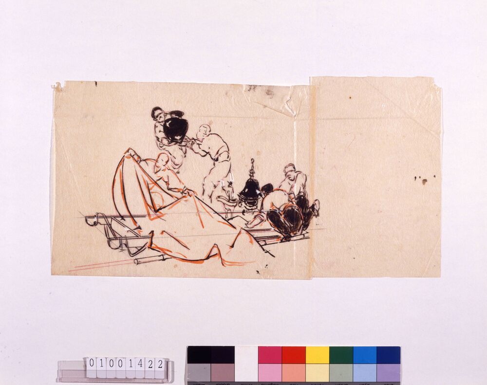 作品画像:下絵 「振天府」(収蔵品を運ぶ人物)
