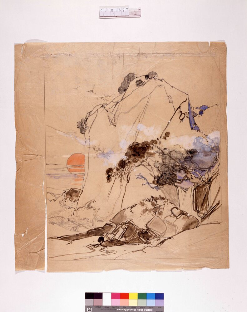 作品画像:下絵 巨岩日没図