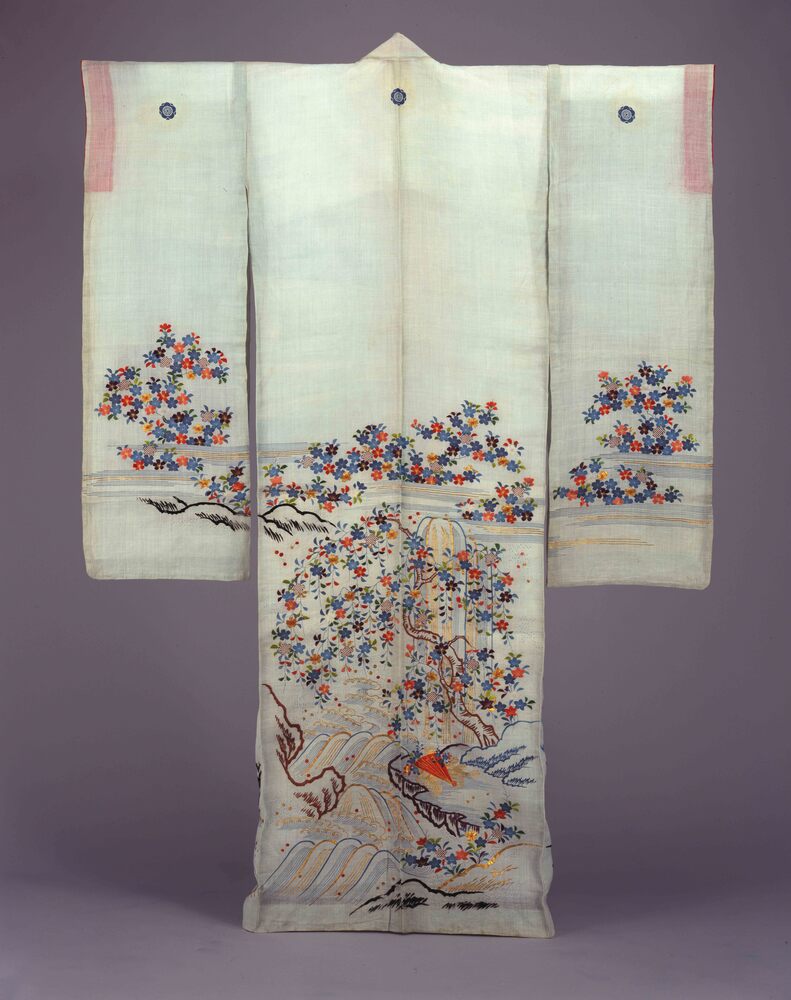 作品画像:薄浅葱麻地枝垂桜流水檜扇模様帷子