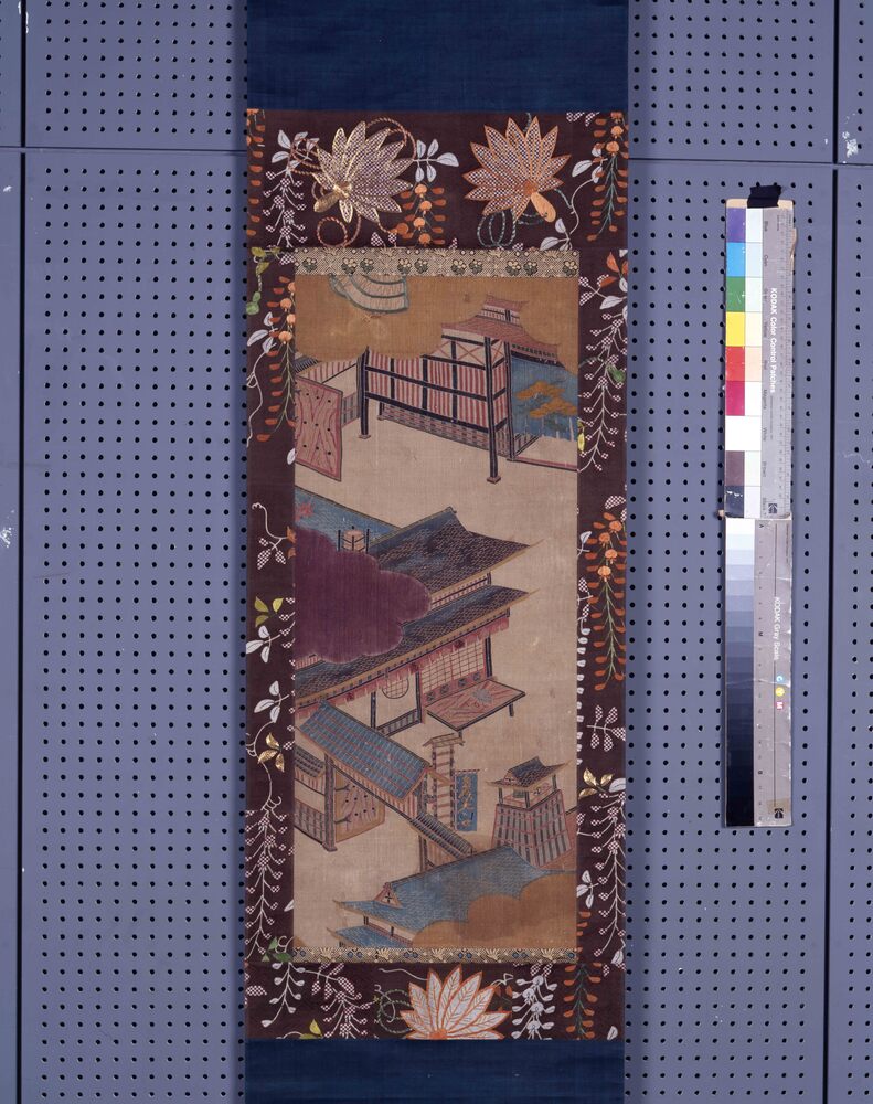 作品画像:吉原大門模様友禅小袖裂掛幅