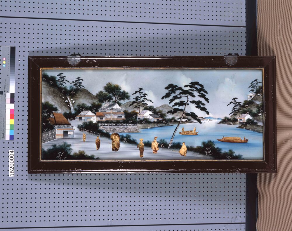 作品画像:ガラス絵 水辺の風景図