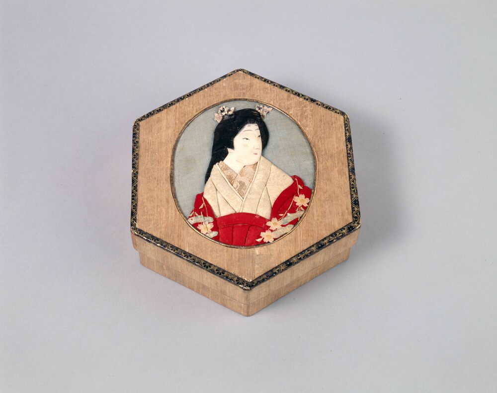 作品画像:婦人押絵六角形箱細工