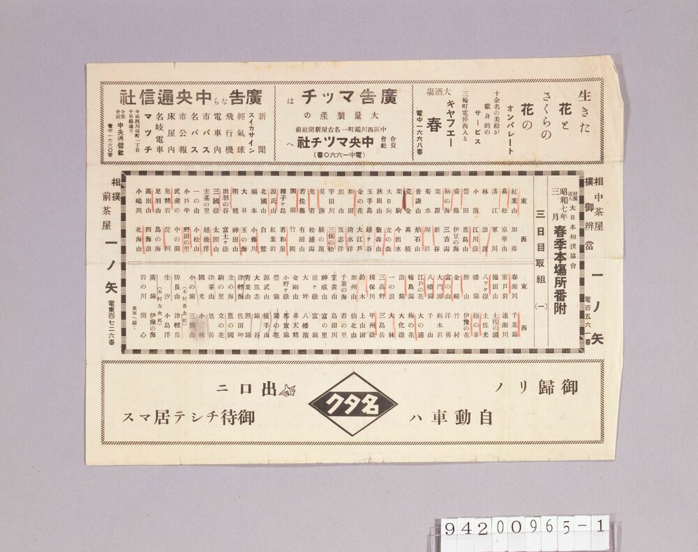 作品画像:春季本場所番付 昭和七年三月 三日目取組