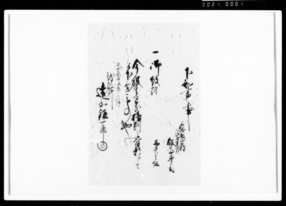 作品画像：下知書之事（骨折につき御紋付馬具1組下置）