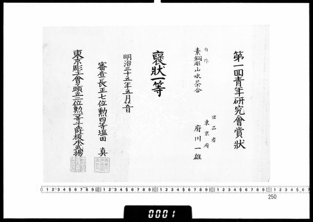 作品画像：賞状(府川一雄 第１回青年研究会褒状一等)