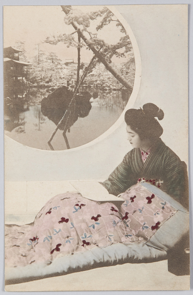 作品画像:本を読む女性と日本庭園写真