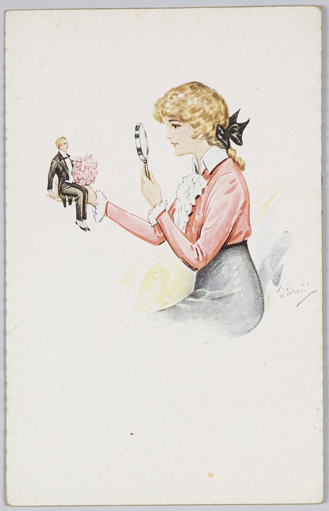 作品画像:虫眼鏡で人形を見る女性