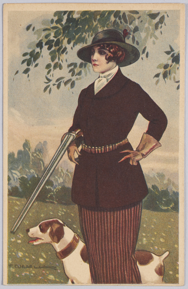 作品画像:猟銃を持つ女性と犬(外国製)