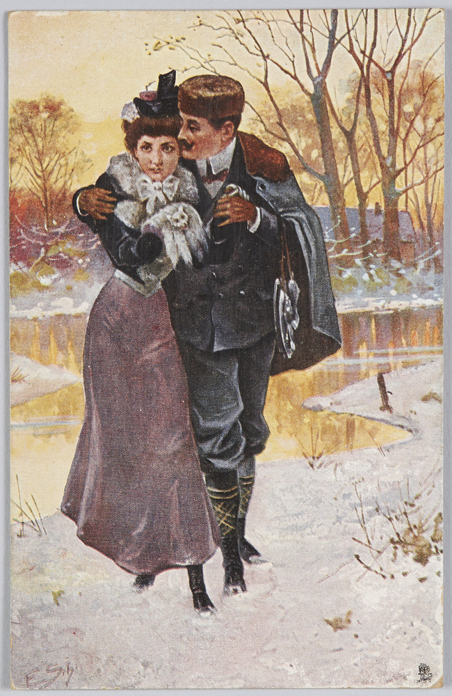 作品画像:雪道の男女(Raphael Tuck&Sons’”AQUARETTE”Series 6011)(外国製)