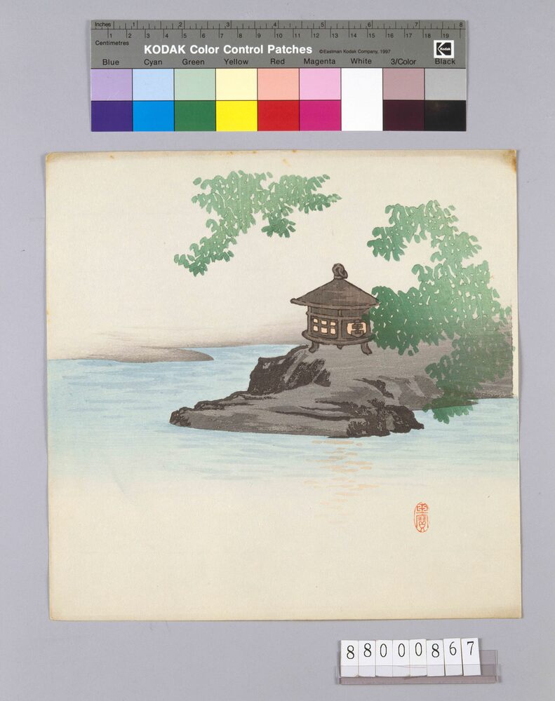 作品画像：榛原聚玉堂版団扇絵 池畔 釣燈篭