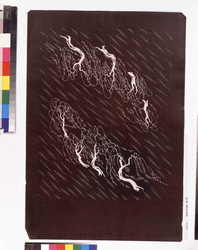 作品画像:長板中形型紙 柳に雨