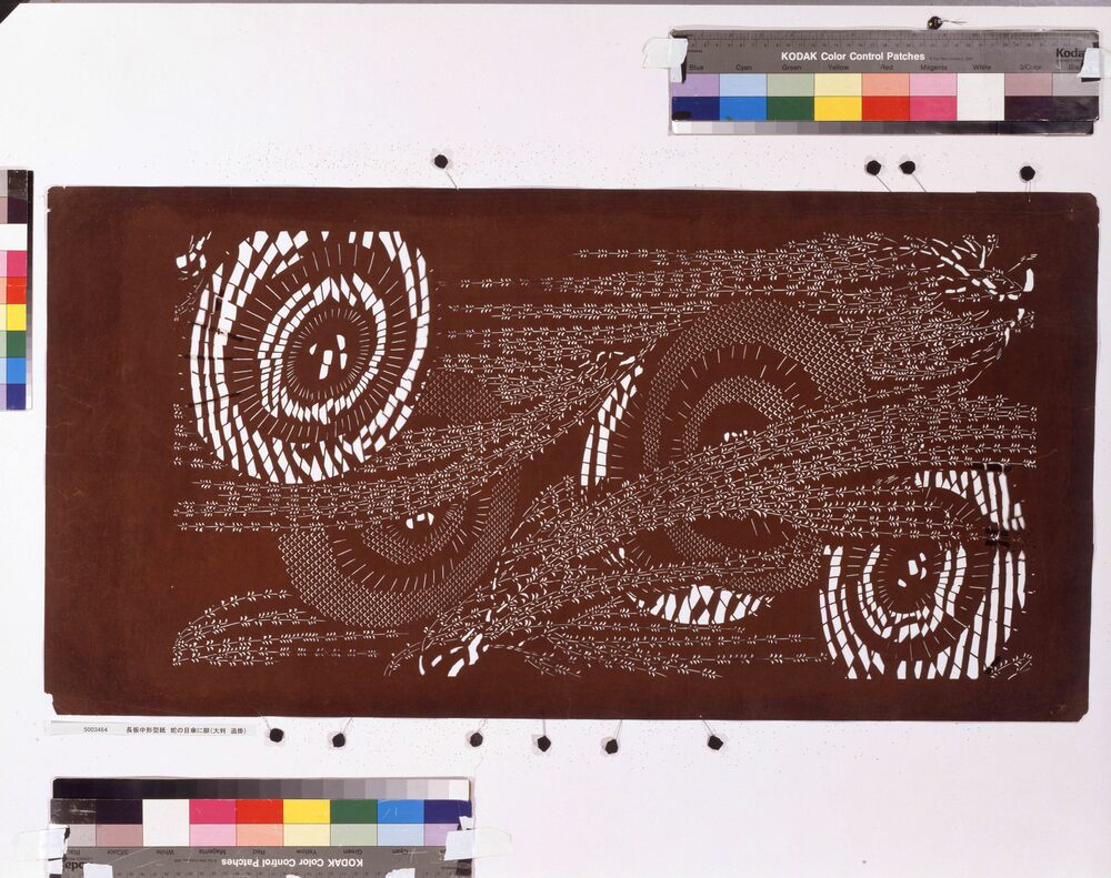 作品画像:長板中形型紙 蛇の目傘に柳(大判 追掛)
