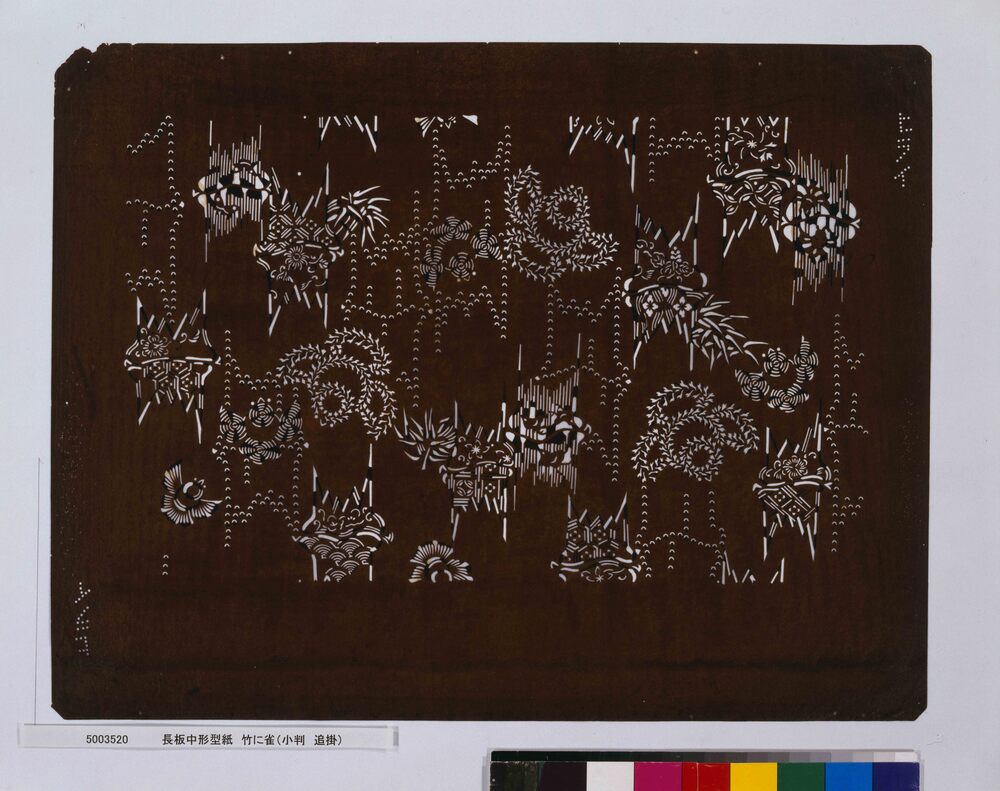 作品画像:長板中形型紙 竹に雀(小判 追掛)