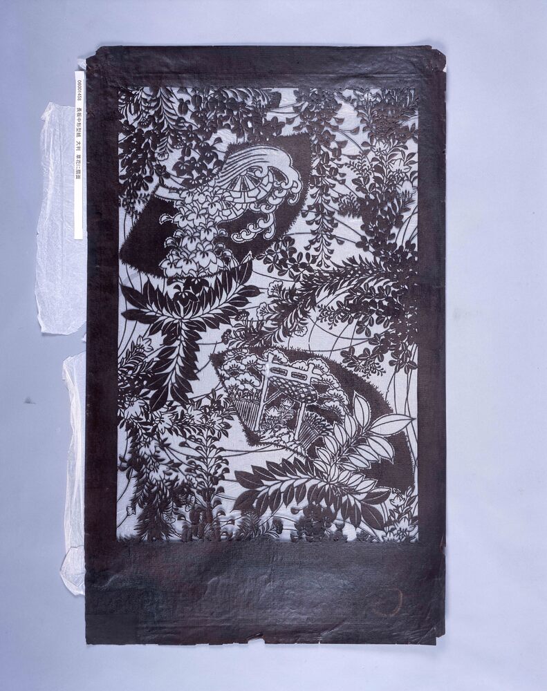 作品画像:長板中形型紙 大判 草花に扇面