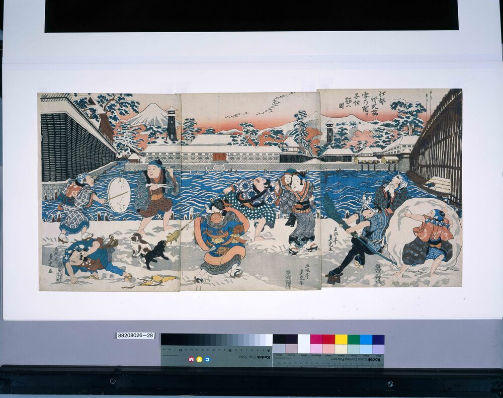 作品画像：江都新大橋雪の朝タ子供遊の図