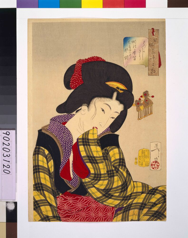 作品画像：風俗三十二相 はづかしさう 明治年間むすめの風俗