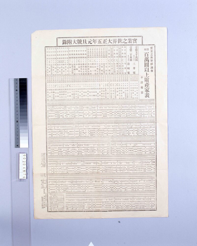 作品画像:『實業之世界社』調査 日本百萬圓以上財産家表・實業之世界大正五年元旦號大附録