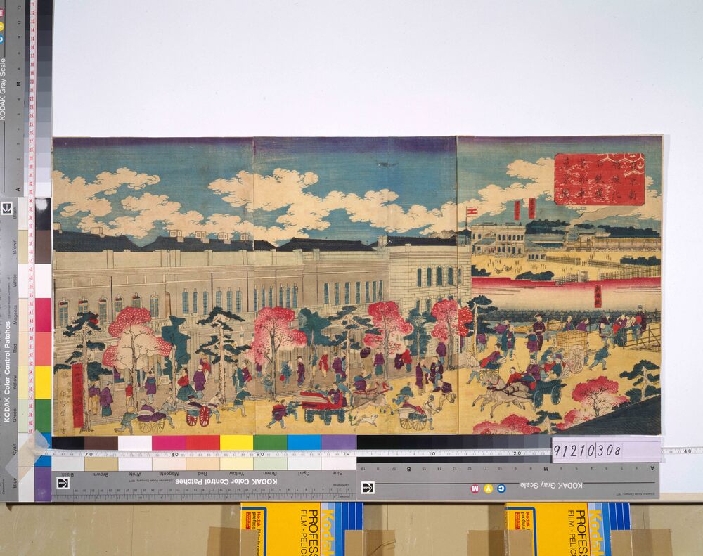 作品画像:東亰新橋煉化石鉄道蒸気車真景図