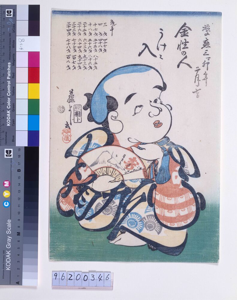 作品画像：慶応3年　有卦絵(扇子を持つ福助)