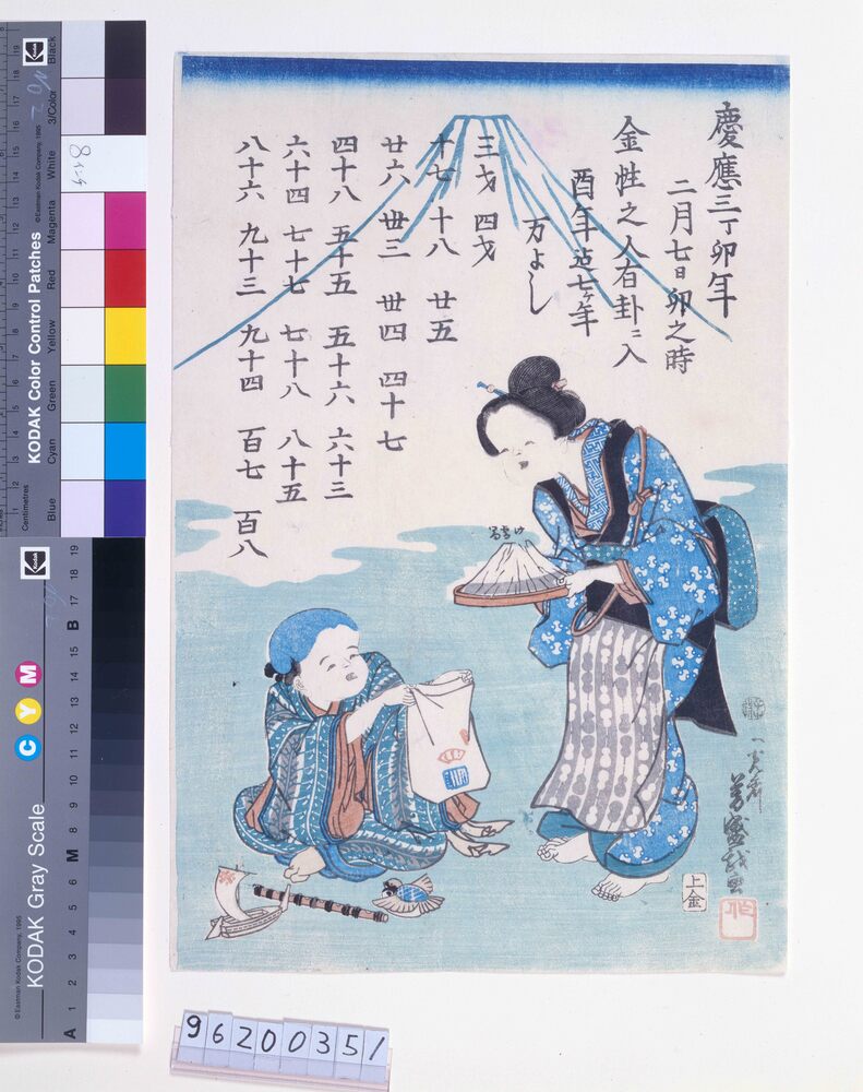 作品画像：元治元年　有卦絵(雪山を袋に受ける福助)
