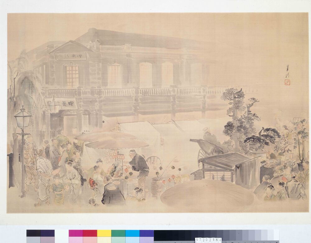 作品画像:銀座煉瓦街中央新聞社前賑わいの図