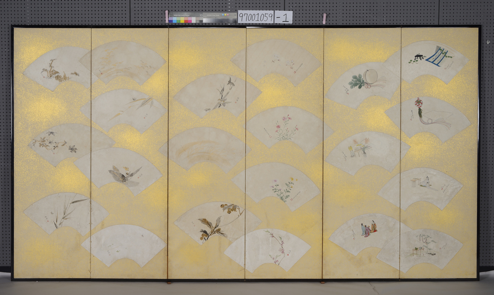 作品画像：春夏秋冬扇面画貼込六曲一隻屏風