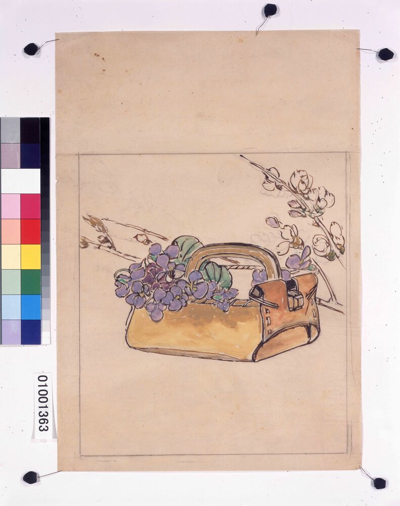 作品画像：下絵 桜と菫の花籠