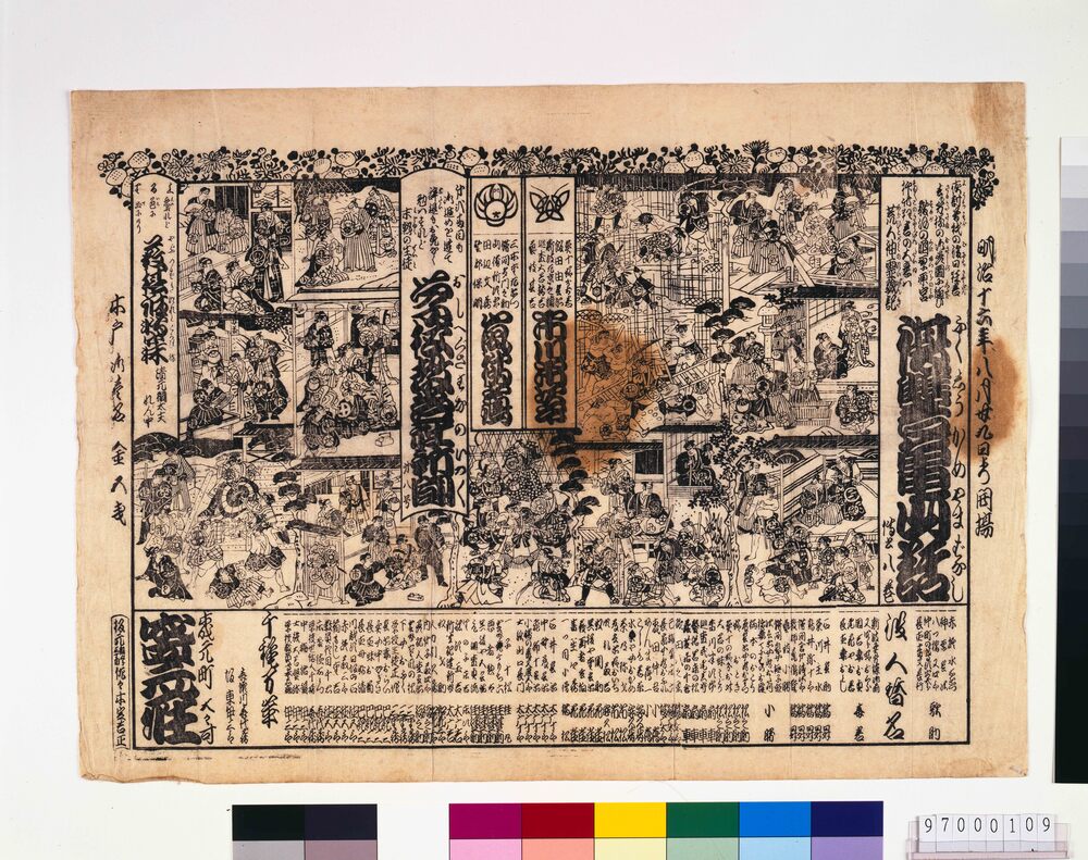 作品画像：盛元座辻番付「復讐亀山話」「学校教□社新聞」