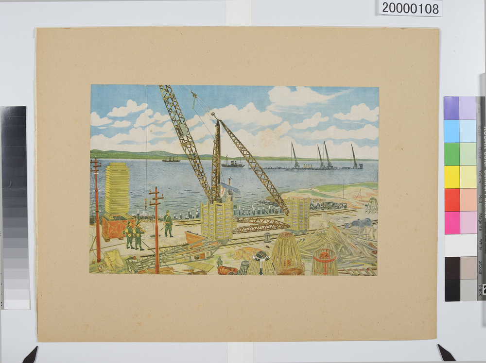 作品画像：大東亜戦争海軍美術　攻略直後のシンガポール軍港