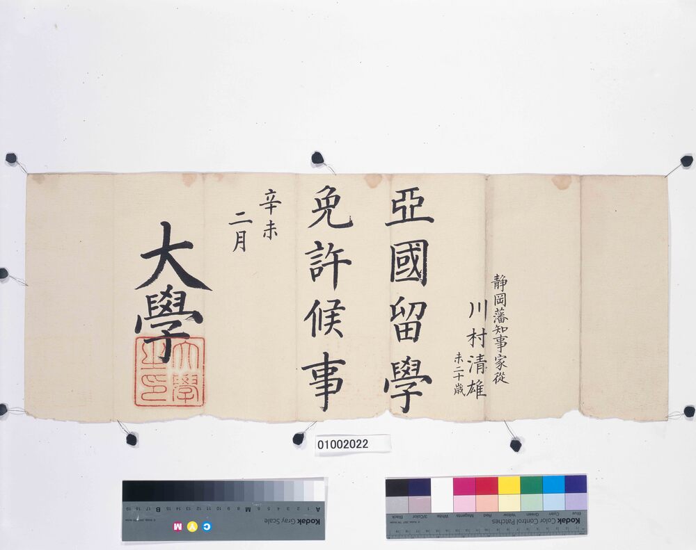 留学免許状（亜国留学 川村清雄）