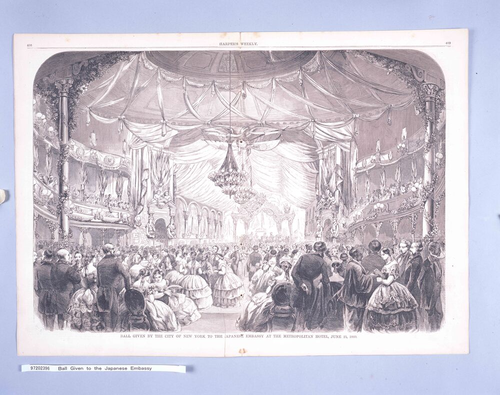 作品画像：Ball Given to the Japanese Embassy(万延元年遣米使節を招いて舞踏会)(Harpe’s Weekly(1860年))