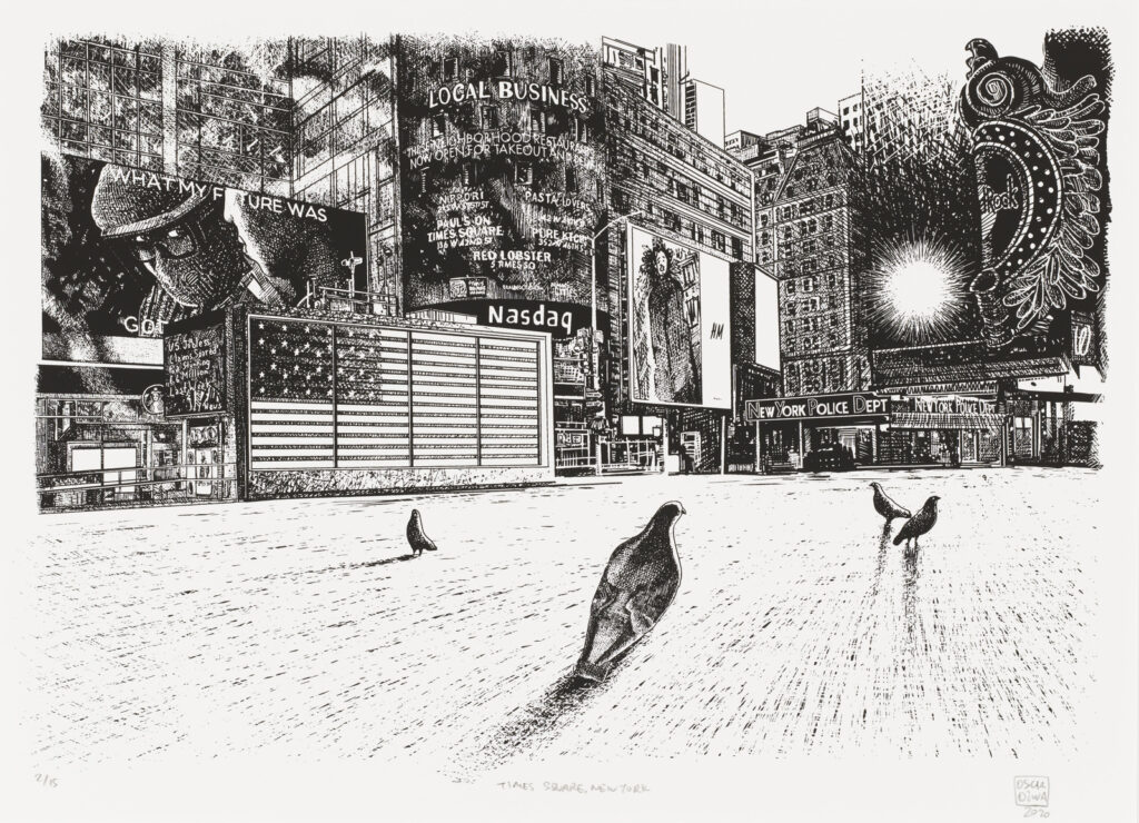 作品画像：タイムズ・スクエア、ニューヨーク［「隔離生活ドローイングシリーズ」より］