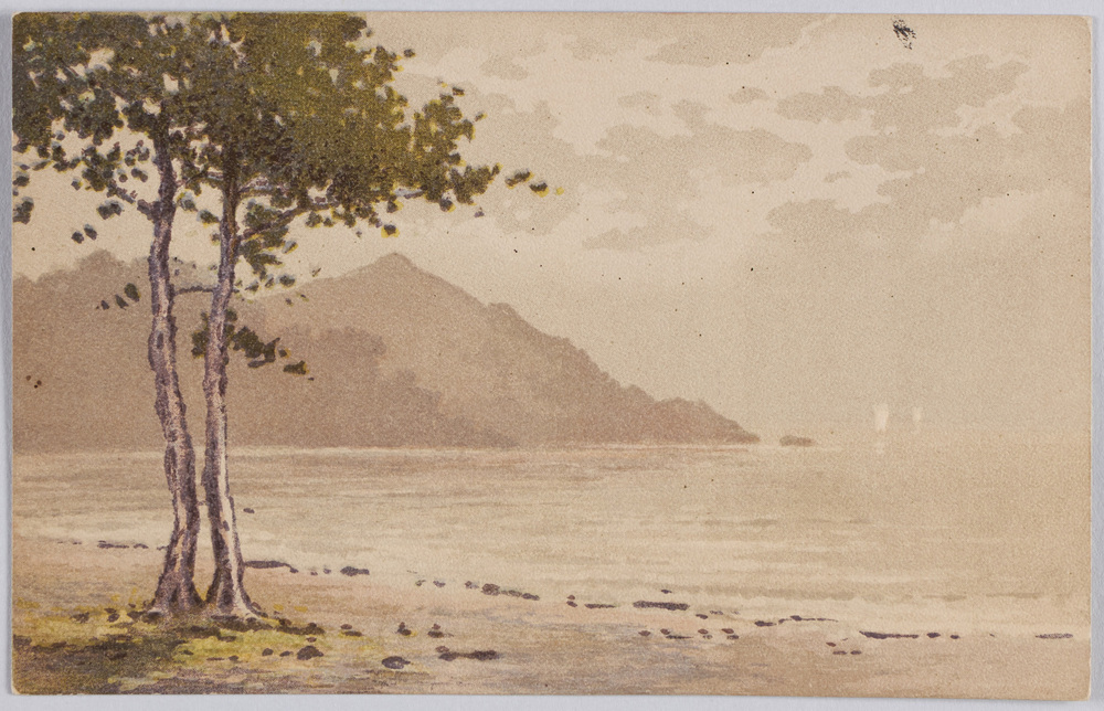 帆船を望む海岸(風景水彩画)